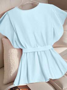 Franclia Blusa de unicolor con volantes elegante para ir a la universidad - Celeste - Ver 2