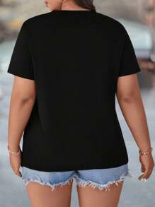 SHEIN CURVE+ Plus Size Round Neck Lace Patchwork Mesh Sleeve T-Shirt