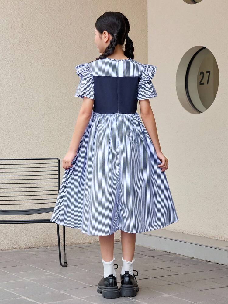 Tween Girl Casual Color Block Round Neck A-Line Dress With Fitted Waist And Flared Hem