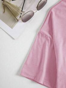 SHEIN 女式动漫人物与字母印花宽松休闲圆领短袖 T 恤，夏季图案 T 恤女式上衣 - 粉色 - 查看 4