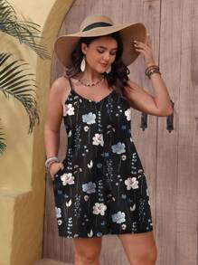 SHEIN VCAY Plus-Size Minimalist Textured Suspender Jumpsuit With Black And Blue Floral Print, Perfect For Summer Casual Wear, Featuring Slanted Pockets. - Black - View 2