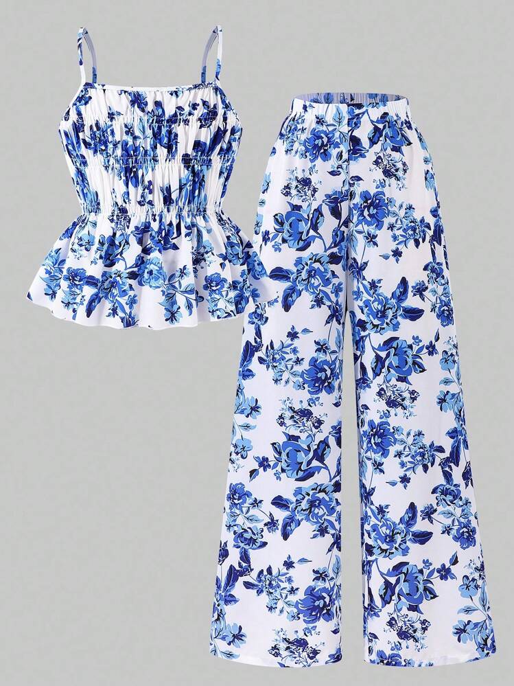 Sparklyn Conjunto de top de tirantes con estampado floral y pantalones de pierna ancha para niñas preadolescentes, conjunto informal de verano para vacaciones - Azul - Añade 5