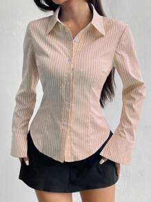 Flirla 休闲通勤条纹修身长袖衬衫 - 橘色 - 查看 4