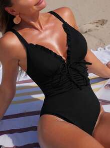 Swim Lushoire 1 件女式纯色前系带荷叶边连体泳衣