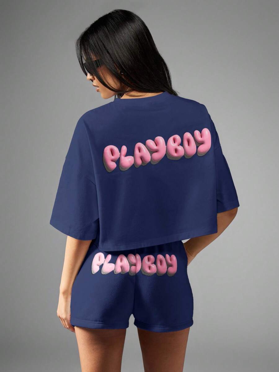 Missguided x Playboy 抽绳泡泡字母图案高腰休闲慢跑短裤节日春夏运动休闲街头风女士短裤 - 藏蓝色 - 查看 1