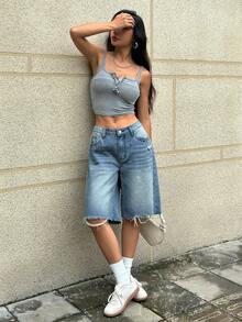 SHEIN PETITE Calções Bermuda de Ganga para Mulher Petite - Azul - Ver 6