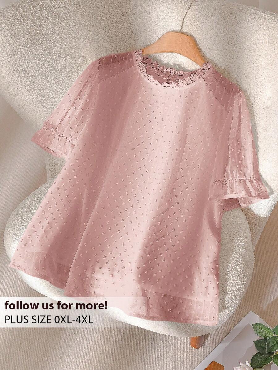 CosyJoli Plus Size Elegant Simple Versatile Chiffon Jacquard Lace Patchwork White Blouse For Women, Suitable For Office,Slightly Sheer, Commuting, And Outdoor Activities,Going Out Tops Women Spring To Summer - Dusty Pink - View 1