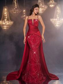Glamrae 优雅、奢华、性感、时尚的勃艮第亮片面料深 V 领细肩带紧身胸衣长袖美人鱼喇叭礼服，带褶皱、胶骨、露背、拖尾，适合度假、婚礼、派对、舞会、正式晚装（豪华版） - 紅色 - 查看 8