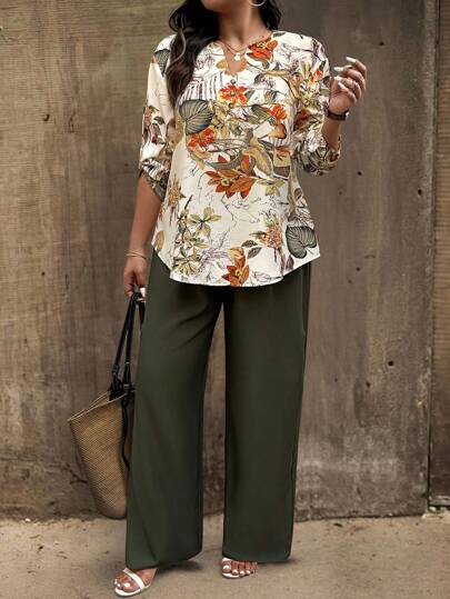 EMERY ROSE Plus Size Women Plant Print Ruffle Sleeve Shirt And Pants Casual 2 Pieces Set