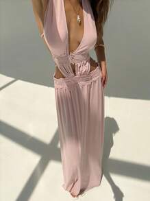 Aloruh Váy hở lưng khoét sâu ren màu trơn cho nữ - Hồng - Xem 4