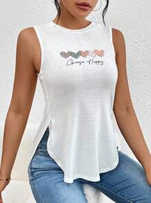 Lucivie 女士心形字母图案开衩背心 选择快乐图案 T 恤 女士上衣 - 白色 - 查看 3