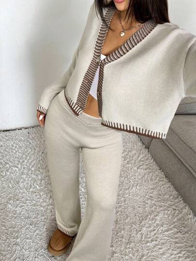 SHEIN EZwear 2pcs/Set Women Striped Long Sleeve Cardigan And Long Pants Knitwear Suit In Fall/Winter