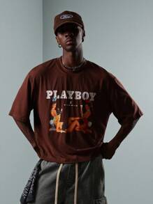 PLAYBOY X SUMWON Retro Graphic Print Oversized T-Shirt Cotton Jersey Long Length Streetwear Aesthetic Fall Winter Classic - Brown - View 2