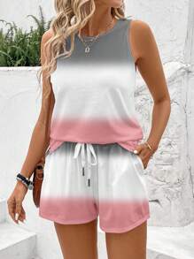 EMERY ROSE 2pcs/Set Plus Size Sleeveless Shorts, Casual Gradient Striped Print Pattern, Suitable For Outdoor Holiday, Spring/Summer,Two Piece Set Women Suitable For Going Out