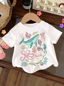 SHEIN Happikins 复古彩色海洋生物海岸图案T恤，女婴休闲简约短袖圆领T恤，适合夏季穿着，舒适透气，秋季叠穿，时尚女婴，休闲装，女婴图案服装，返校季，秋季服装，女婴海洋印花T恤，女婴海洋图案T恤，女婴海洋生物T恤，2T海洋T恤