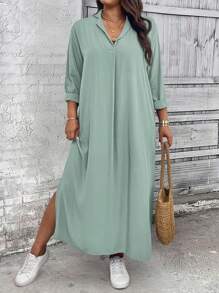 Linhara Plus Size Women's Casual Loose Daily Basic Solid Color Dress Fall Cloth For Women - Green - View 3