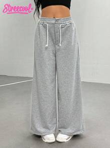 1pc Teen Girl Loose Wide Leg Sweatpants With Buttons Fall Winter - Grey - View 3