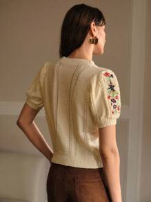 MOTF PREMIUM 刺绣花卉图案泡泡袖短袖麻花针织上衣 针织套头衫 秋冬 - 杏色 - 查看 4