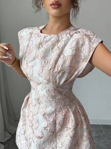 Elenzga 女士优雅提花腰系带盖袖夏季连衣裙 - 粉色 - 查看 4