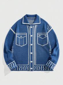 ROMWE MEN Men's Casual Loose Contrast Trim Long Sleeve Cardigan , Fall Winter - Navy Blue - View 1