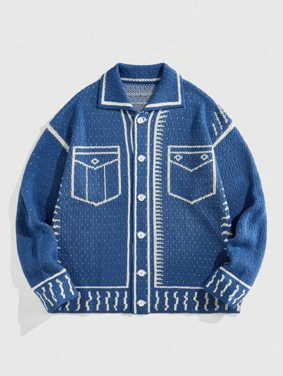 Street Life Cardigan ample décontracté pour hommes à manches longues avec bordure contrastée, automne-hiver