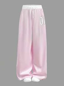 SHEIN Tween Girl Clothes  Tween Girls With Relaxed Fit And Sporty Style Lightweight Polyester Pink Straight Leg Pants For Tween Girls With Sporty Style, Back To School Clothes Girls, Pink Sweatpants Wide Leg Sweatpants Y2k Pants Track Pants Fall Winter - Pink - View 2