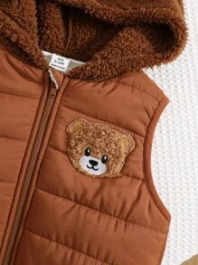 SHEIN 3pcs/Set Baby Boy/Girl Casual Cute Khaki Fleece Jacket Vest Outerwear, Khaki & Brown Striped Sweatshirt And Pants Set, Unisex Baby Clothes, Baby Winter Clothes, Halloween Costume Fall