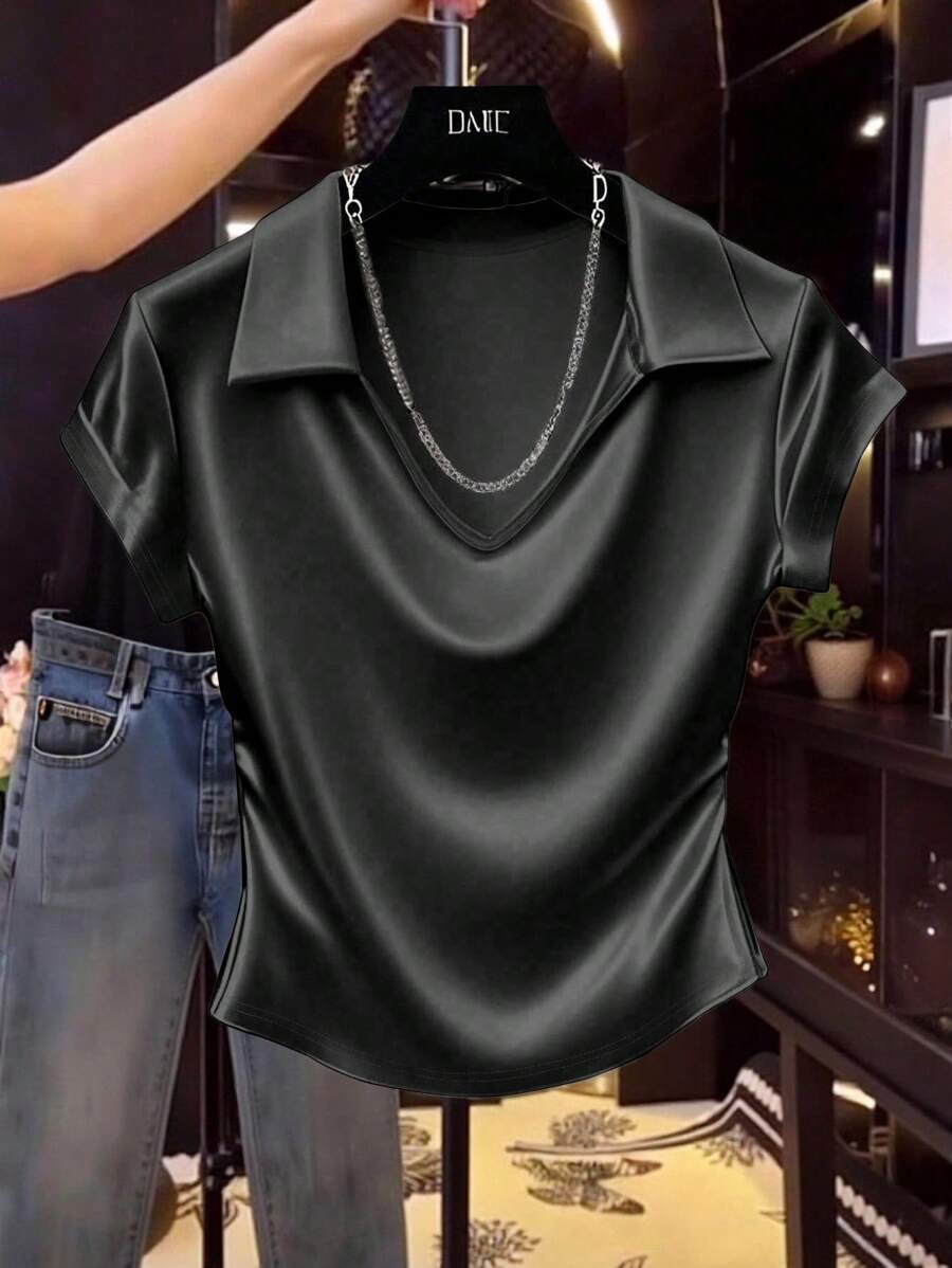 Franclia Women's Fashion Casual Solid Satin Shiny T-Shirt Clothes For University - Black - View 1