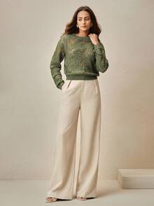 Anewsta Hollow Crochet Green Asymmetrical Floral Pattern Cropped Round Neck Sweater - Green - View 5