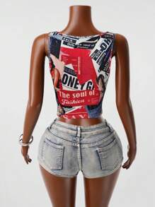 BamGleam Women's V-Neck Camisole 2025, Casual Minimalist Vintage Collage Poster Print Slim Fit V-Neck Tank Top, Suitable For Summer Wear - Multicolor - View 2