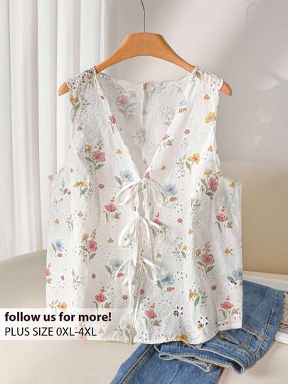 CosyJoli Plus Size Casual Printed Textured Mesh Fabric Embroidered Shell Trim Tie Front Sleeveless Blouse Vest,Slightly Sheer