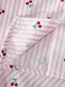 Conjunto de 2 piezas de top de manga corta con estampado de cereza y rayas, y shorts para niña preadolescente, moda de regreso a la escuela - Rosa - Ver 7