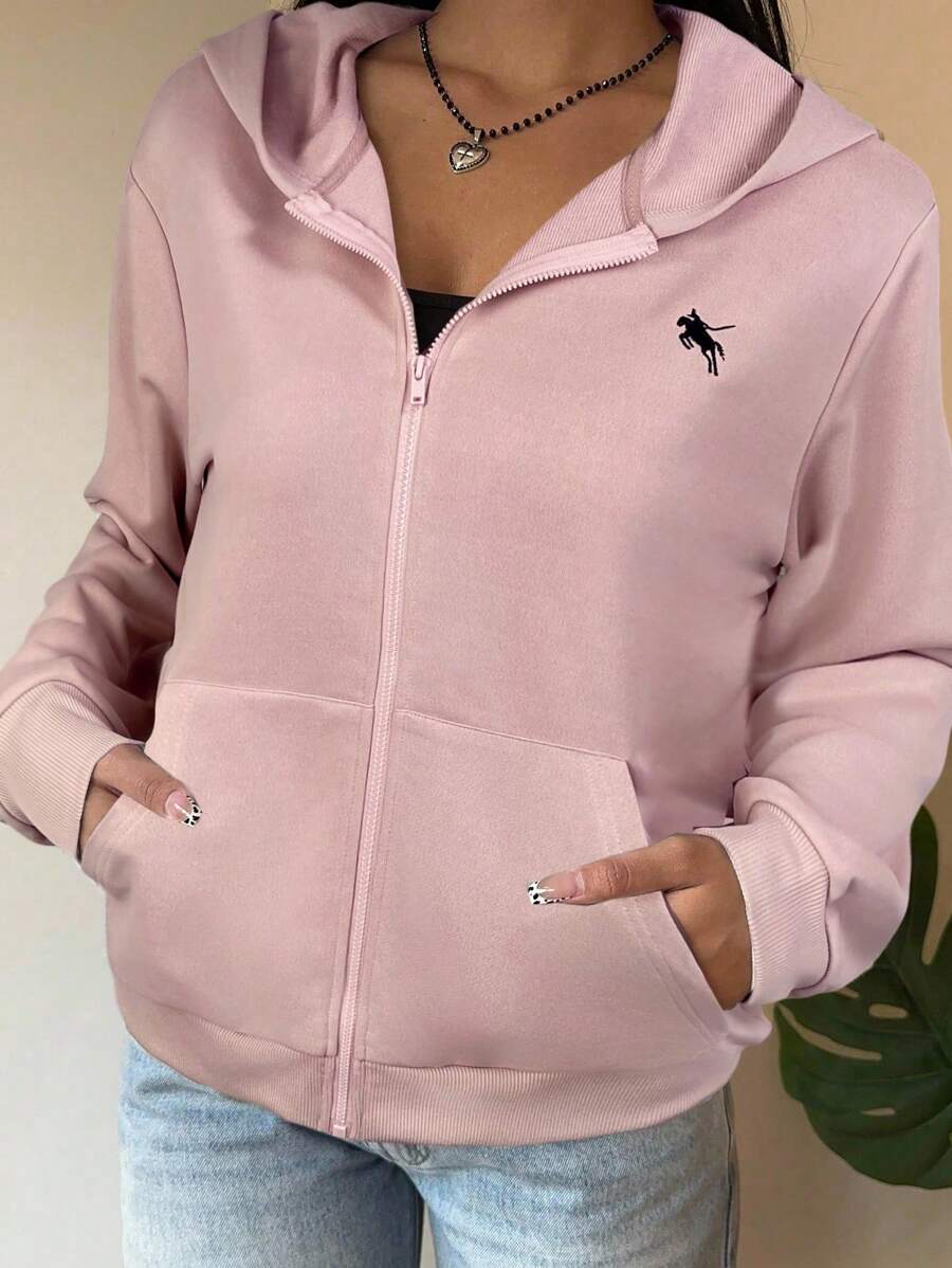 SHEIN EZwear 女式开襟连帽卫衣，藕粉色，拉链开合，秋冬款 - 粉色 - 查看 1