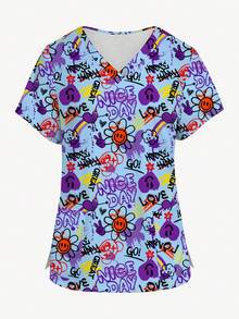 PopScrub Plus Size Women V-Neck Short Sleeve Double Pocket Hang Ear Design Cute Cartoon Graffiti Simple Prosperity Print Nurse Uniform Top/Doctor Work Wear Top/Examination & Surgery Uniform Top/ Solid Color Pet Grooming Work Wear Top/ Nutritionist Work Wear Short Sleeve Top/ Lab Work Wear Top, Multi-Pocket Functional Work Wear Top