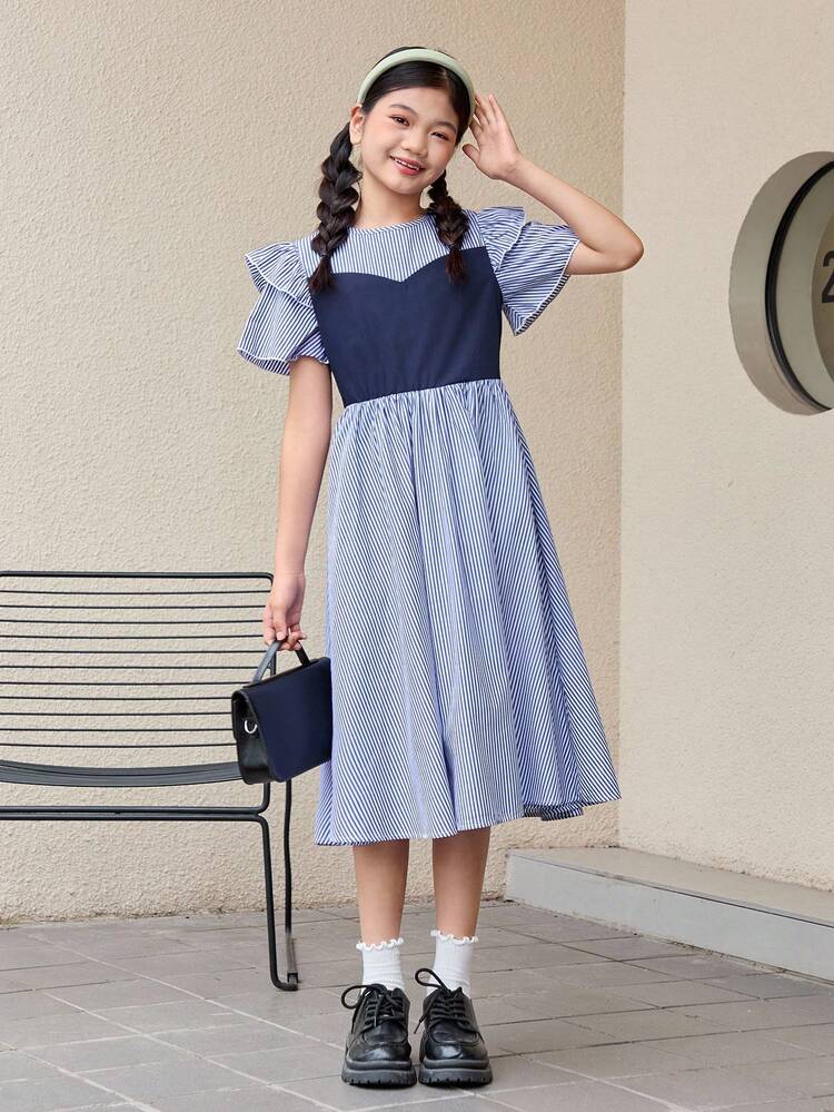 Tween Girl Casual Color Block Round Neck A-Line Dress With Fitted Waist And Flared Hem