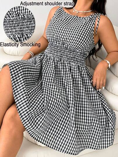Solflare Plus Size Women Summer Casual Vacation Style Printed Tie-Shoulder Shirred Waist Slip Dress,Summer Dresses For Women,Beach Outfits For Woman,Gingham Dress,Plaid,Birthday Dresses For Women,Elegant & Sexy For Daily, Outing, Date, Afternoon Tea, Vacation,, Summer/Summer Outfits For Women,Festival/Concert Outfit Women/Rave Outfits Festival/ Rave Outfits/,Spring Break Outfits, Graduation Dress,Beach Outfits For Woman/Beach,Birthday Dresses For Women,Dresses Casua Valentine's Day Outfit