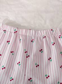 Conjunto de 2 piezas de top de manga corta con estampado de cereza y rayas, y shorts para niña preadolescente, moda de regreso a la escuela - Rosa - Ver 4