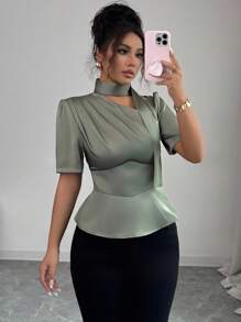 Selianne Women's Sage Green Elegant Summer Satin Blouse,Brunch Afternoon Tea Party Office Shoulder Cutout Gathered Waist A-Line Ruffle Puff Sleeve Shirt Top - Green - View 3