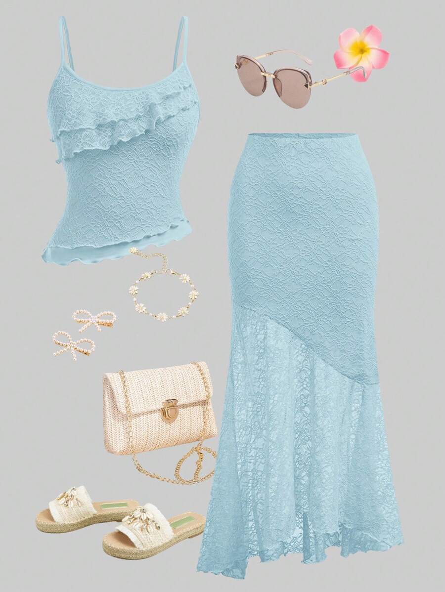 SHEIN Tween 女童休闲简约舒适不对称下摆背心和鱼尾下摆短裙两件套