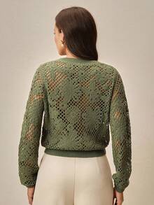 Anewsta Hollow Crochet Green Asymmetrical Floral Pattern Cropped Round Neck Sweater - Green - View 2