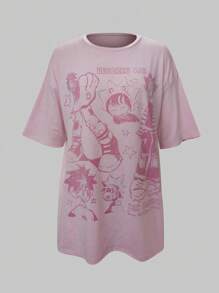 SHEIN 女式动漫人物与字母印花宽松休闲圆领短袖 T 恤，夏季图案 T 恤女式上衣 - 粉色 - 查看 5