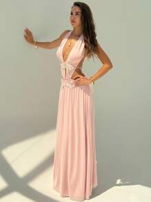 Aloruh Váy hở lưng khoét sâu ren màu trơn cho nữ - Hồng - Xem 8