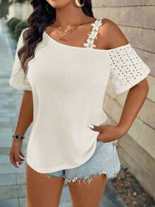 SHEIN LUNE Plus Size Women Lace Patchwork Hollow Sleeve T-Shirt