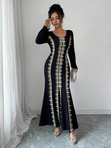 Elenzga Women's Elegant Long Sleeve High-Low Contrast Color Gold Woven Sash Waist Fit & Flare Dress, Flattering And Sophisticated Style For Spring/Summer Fall Cloth For Women - Black - View 7
