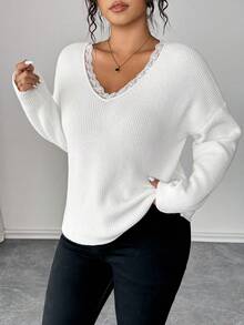 Elenzga 1pc Women Plus Size V-Neck Bow Lace Patchwork Pearl Long Sleeve Cute Elegant Knitted Sweater Pullover, Suitable For Spring/Autumn Winter Fall - White - View 7