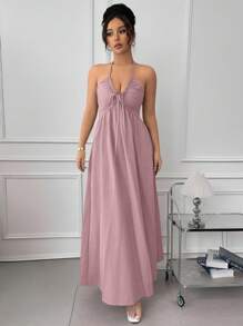 Rafferiza Solid Color Halter Backless A-Line Dress - Pink - View 3