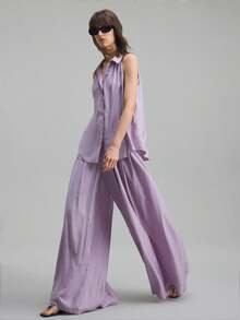 Ontre Bộ trang phục phong cách nghỉ dưỡng 2 món dành cho nữ, vải len và tencel, trang phục công sở thường ngày, phù hợp cho bãi biển, ngày lễ, lễ hội âm nhạc, phong cách Boho - Màu tím - Xem 6