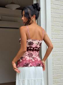 Sunnyshic Summer Casual Ombre Retro Print Ruffled Camisole - Burgundy - View 2