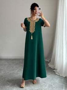 Rafferiza Women's Casual Elegant Gold Lace Trim Long Sleeve Dress Summer Dress Clothes For University - Dark Green - View 4