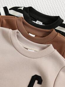 SHEIN 3件套男女款婴儿休闲条纹字母刺绣圆领卫衣，适合秋冬季婴儿服装，幼儿园